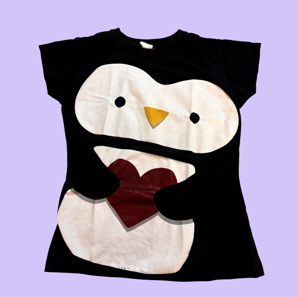 Y2K Black Penguin Heart Graphic Baby Tee Short Sleeve Slim Fit Shirt Scene #18